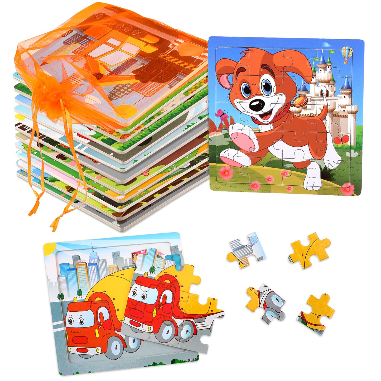 Sannix 12 Pack Wooden Jigsaw Puzzles For Toddlers 3 4 5 Years Old, Party Favors Animals Jigsaw For Kids, Transportation Educatio