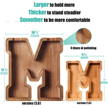 Customized Name Large Wooden Piggy Bank For Kids Boys Girls Alphabets Letter A-Z Coins Bills Money Change Bank Box Initial On Clear Cover (Laser Engraved) (Alphabet-M, Initial-12)