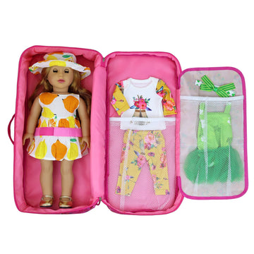 ZITA ELEMENT 18 Inch Doll Travel Carrier Case - Pink Nylon Crossbody Bag with Multi-Pockets and Storage Closet for Doll Accessories
