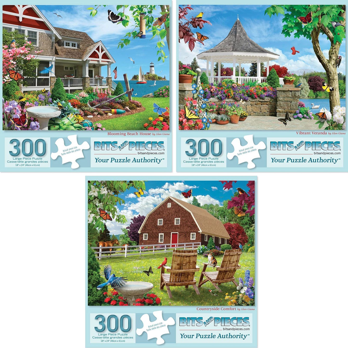 Bits And Pieces - Value Set Of Three (3) 300 Piece Jigsaw Puzzles For Adults - Measures 18' X 24' - 300 Pc Vibrant Blooming Branch House Countryside Comfort Flowers Summer Jigsaws By Artist Alan Giana