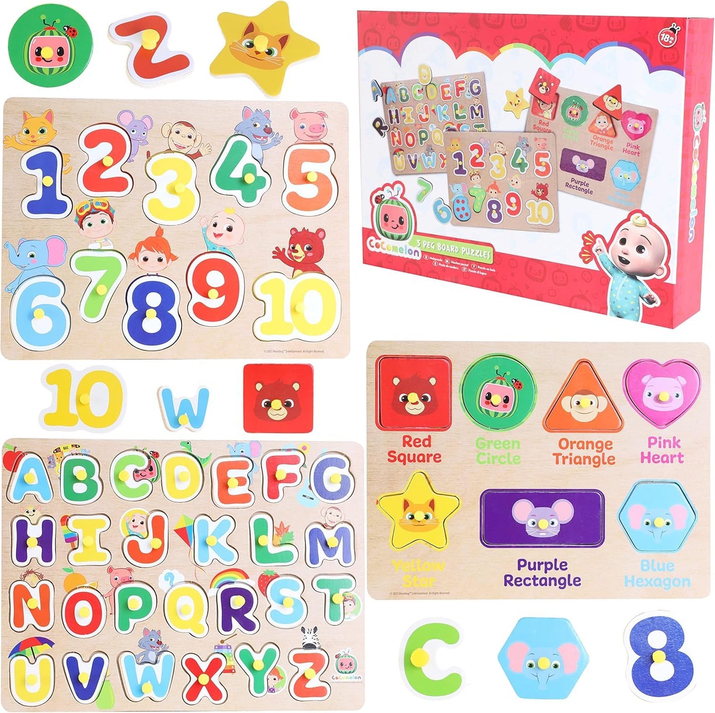Toyland® Cocomelon Wooden Jigsaw Puzzles With Pegboard - Learning Puzzles For Kids - Toys For Toddlers - Age 18 M +