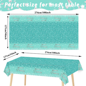 3 Pieces Teal And Silver Birthday Tablecloths For Happy Birthday Party Decorations Plastic Disposable Breakfast Blue Theme Table Covers For Girls Women Silver Glitterparty Supplies, 54 X 108 Inches