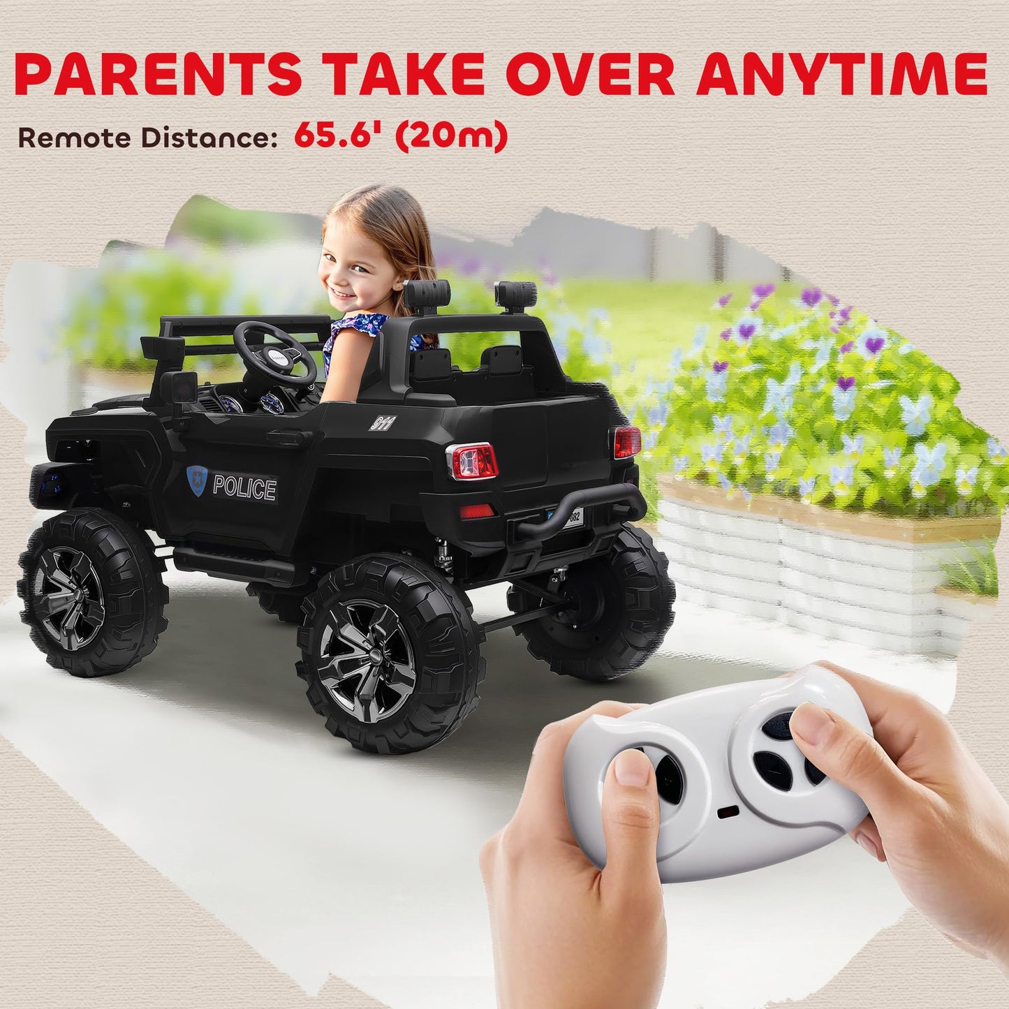 Aosom 53 L 2-Seater 12V Police Car Ride On Truck With Remote Control, Battery Operated Electric Car For Kids With Suspension, Mp