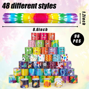 Shindel 96PCS Slap Bracelets Bulk, Kids Slap Wristbands Snap Bracelets Tie Dye Dinosaurs Mermaid Emotions for Party Favors Class