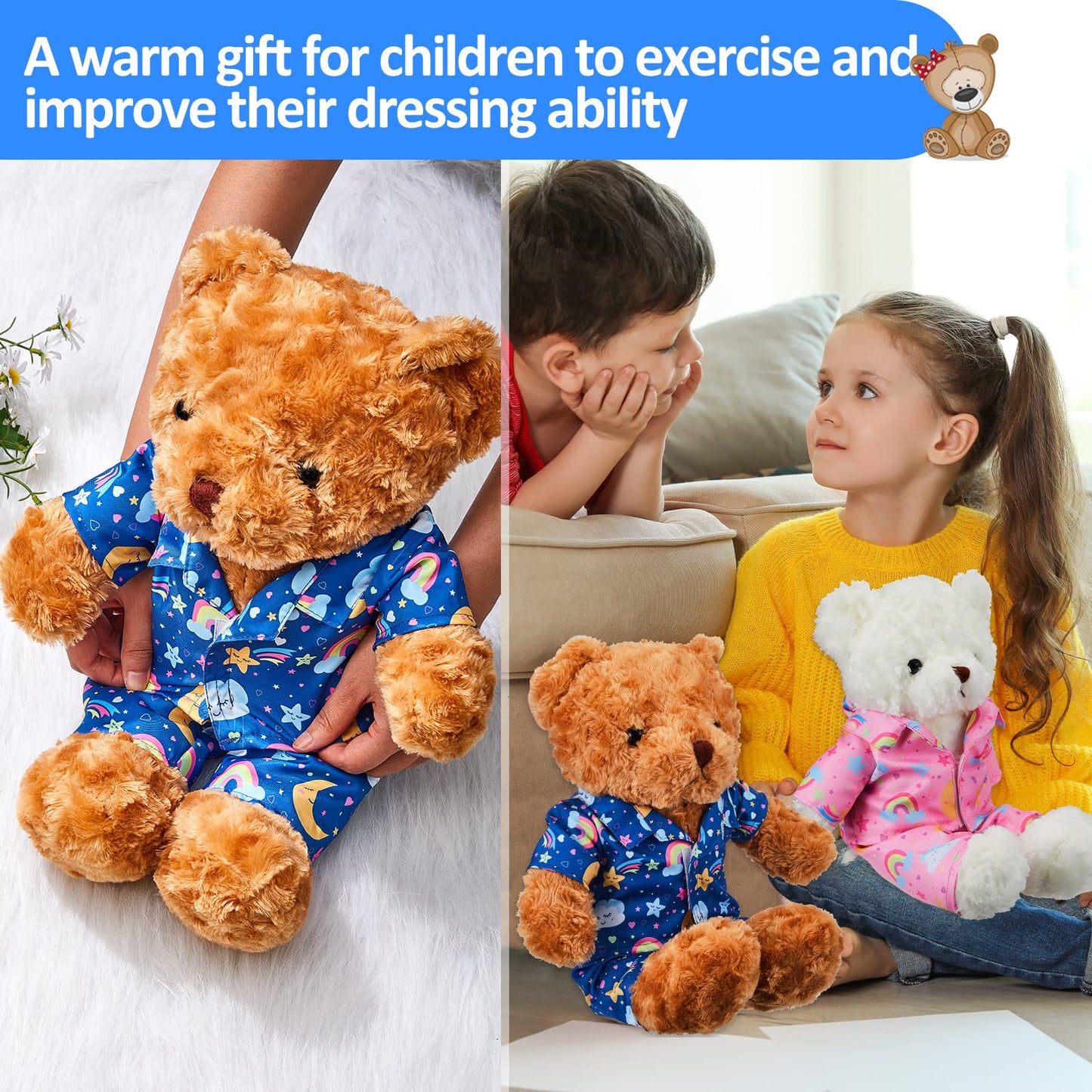 Civaner 2 Pack Blue And Pink Bear Clothes Outfit, Fit Most 12-16 Inch Bears Stuffed Animal Pajamas Plushie Clothes For Stuffed Animals, Pre-Kindergarten Toys(Rainbow Style)