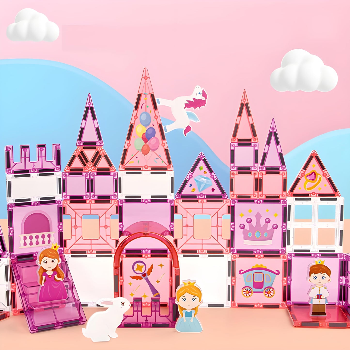 Samandar Toys Magnetic Tiles Building Blocks Set For Kids |Royal Theme Castle Tiles Toy With Unicorn & Character Figures | Stem