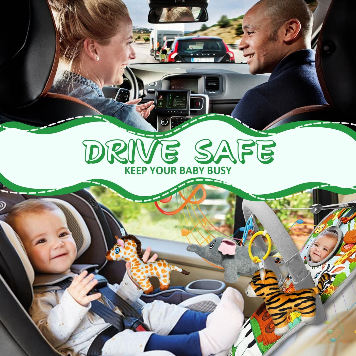 Toymni Car Seat Toys For Baby Toys 6 To 12 Months, Carseat Toys With Musical Pedal Piano, Baby Travel Toys With Baby Mirror And