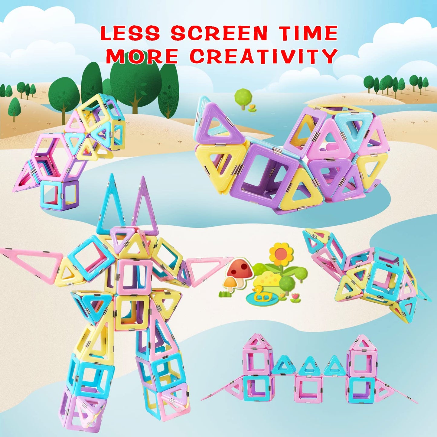 Magnetic Tiles 80Pcs Magnet Building Blocks Set Creative Stacking Toys For Kids, 3D Diy Construction Kit Preschool Child Montessori Toys Stem Learning Toys Gifts For Girls Boys 3 4 5 6 7 Years