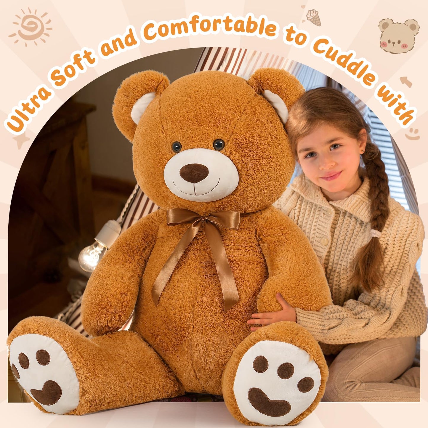 Morismos Giant Teddy Bear Stuffed Animal 4Ft, Big Teddy Bear Plush For Baby Shower, Life Size Stuffed Bear Gifts For Kids, Girls, Girlfriend, Women On Valentine, Christmas, Birthday(Brown)