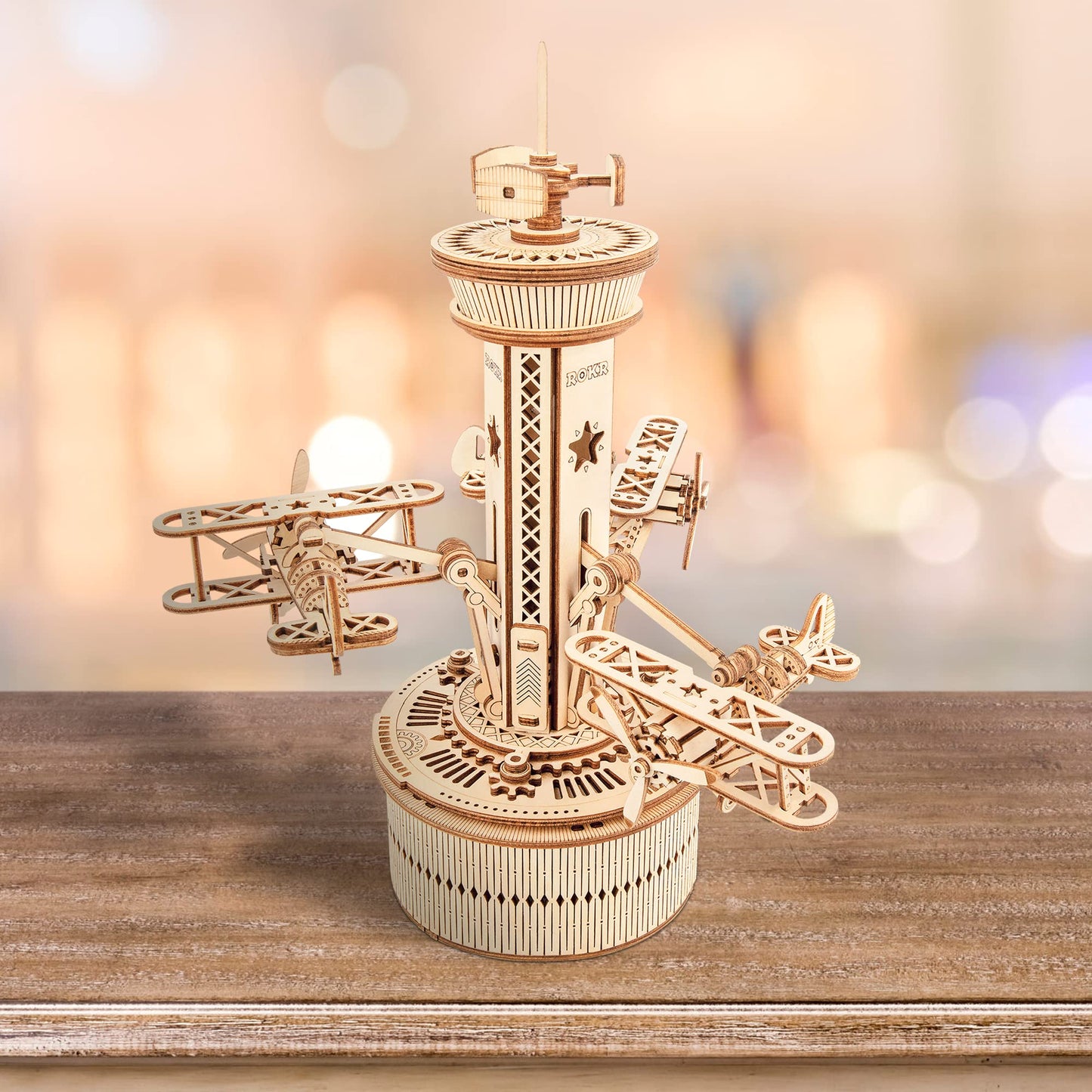 ROKR Wooden Music Box Puzzle, DIY Airplane Tower, 1 Set, Desk Decor for Adults & Teens, Non-Toxic, Hand-Eye Coordination, Gift f