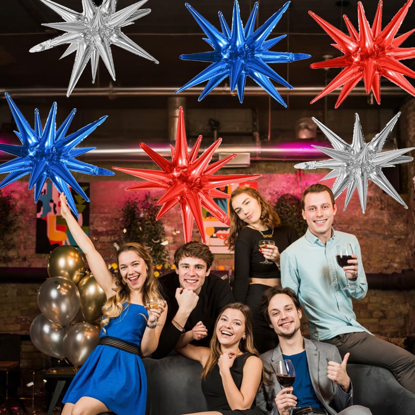 6PCS Star Balloons, 22Inch Blue Red and Silver Star Balloon Explosion Foil Balloons Cone Spike Balloon for Birthday Graduation P