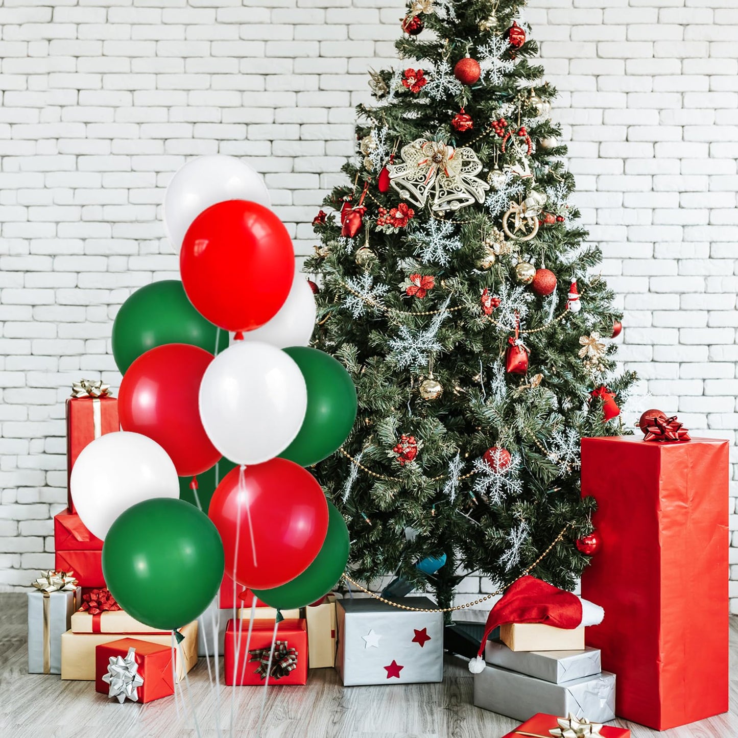 100 Pcs Christmas Red Green Balloons 12 Inch Red Green And White Latex Balloons With 65Ft Ribbon For Christmas Birthday Baby Sho