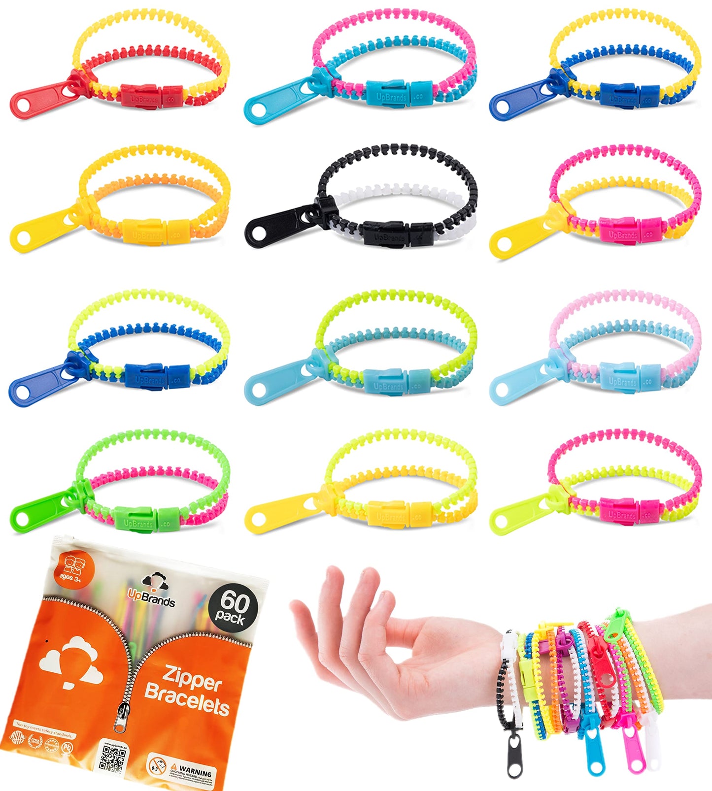 Upbrands 60 Party Favors For Kids, Friendship Zipper Bracelets 7 1/2” Sensory Bulk Set, Fidget Toys, Kit For Valentines, Birthday, Goodie Bags, Pinata Filler, Easter Egg Hunt Toys, Classroom Rewards