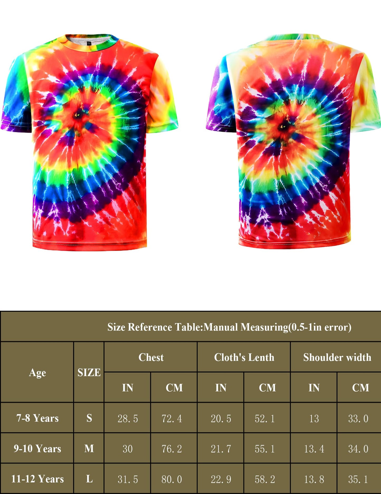 Inrajoper Boys 4 Pcs Hippie Costume Accessories Set, 60s 70s Tie Dye T-Shirt, Multicolor, Size 9-10 Years for Theme Parties