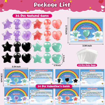 JOYPRO Valentines Day Gifts for Kids, 24 Pack Valentines Cards Goodie Bags with 24 Pcs Stones Bulk, Valentine Exchange Gifts Par