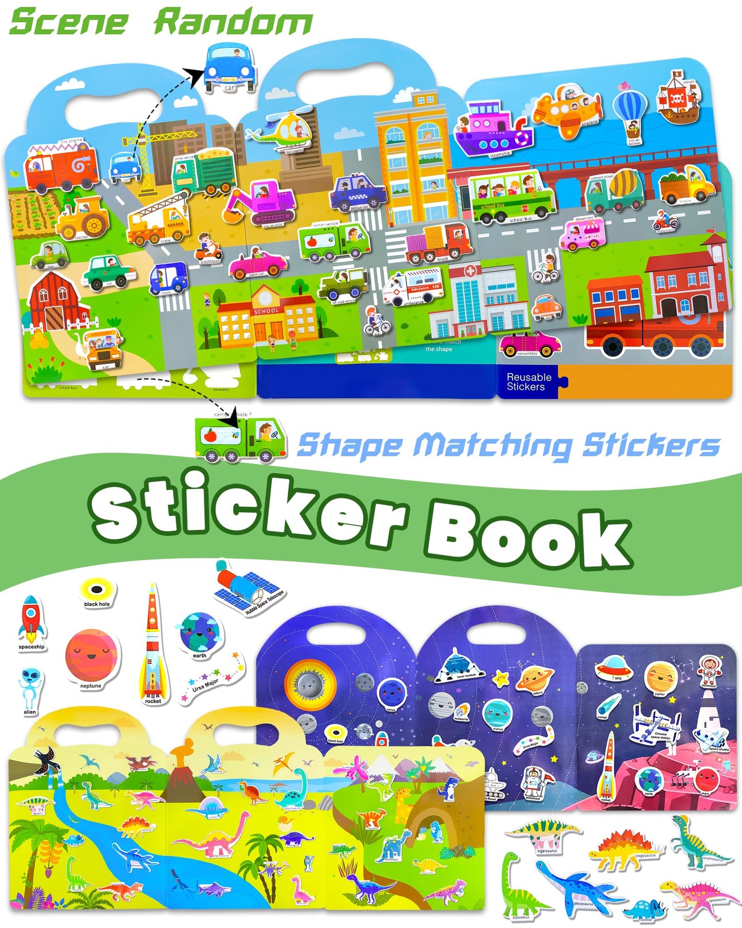 Walenced Puffy Reusable Sticker Book For Toddlers 2-4 Years, 3 Sets Stickers For Kids, Toddler Sticker Book Ages 1-3, 94 Pcs Tod