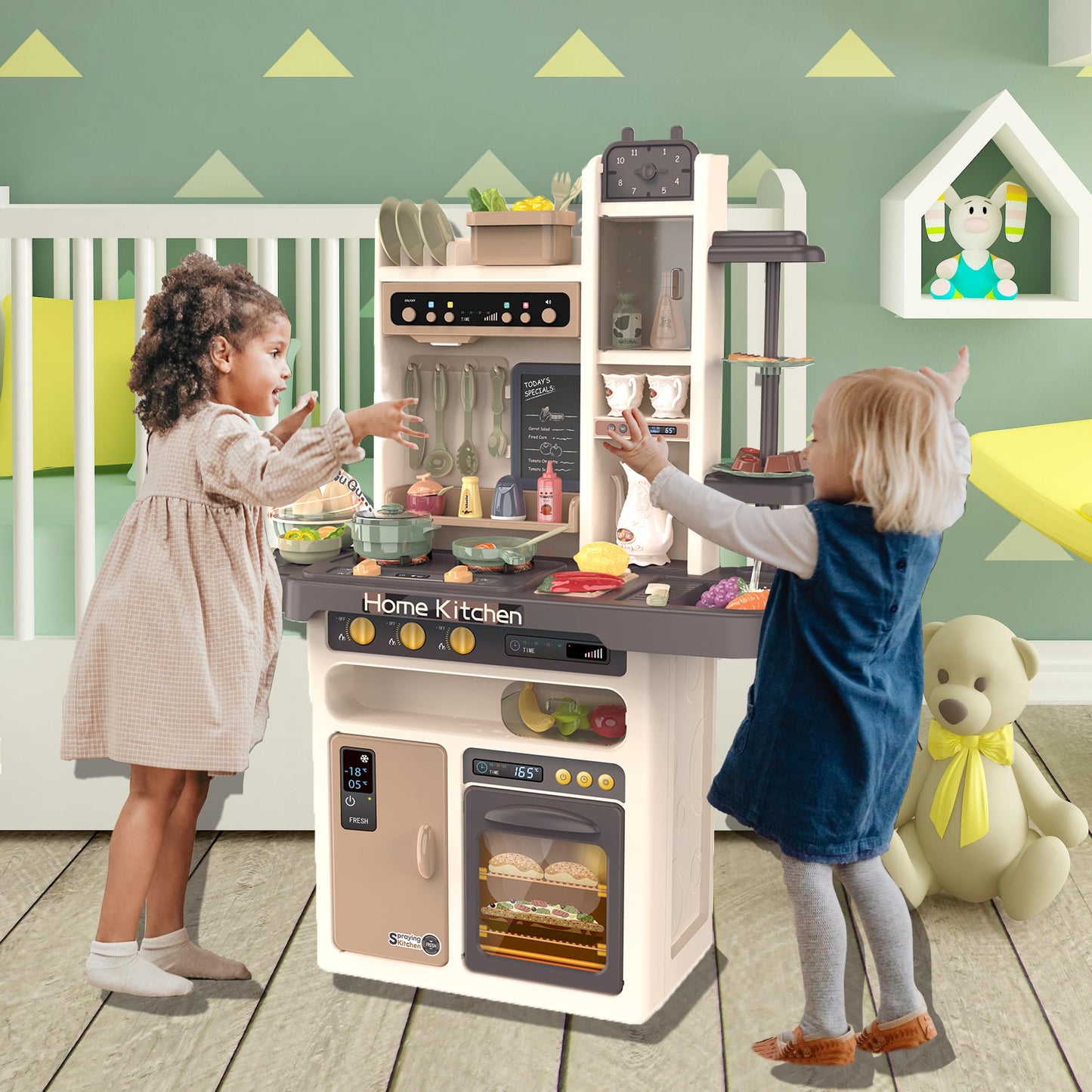 Play Kitchen - Kitchen Playset Pretend Food - Toy Accessories Set w/Real Sounds & Light, Play Sink, Cooking Stove with Steam, 65
