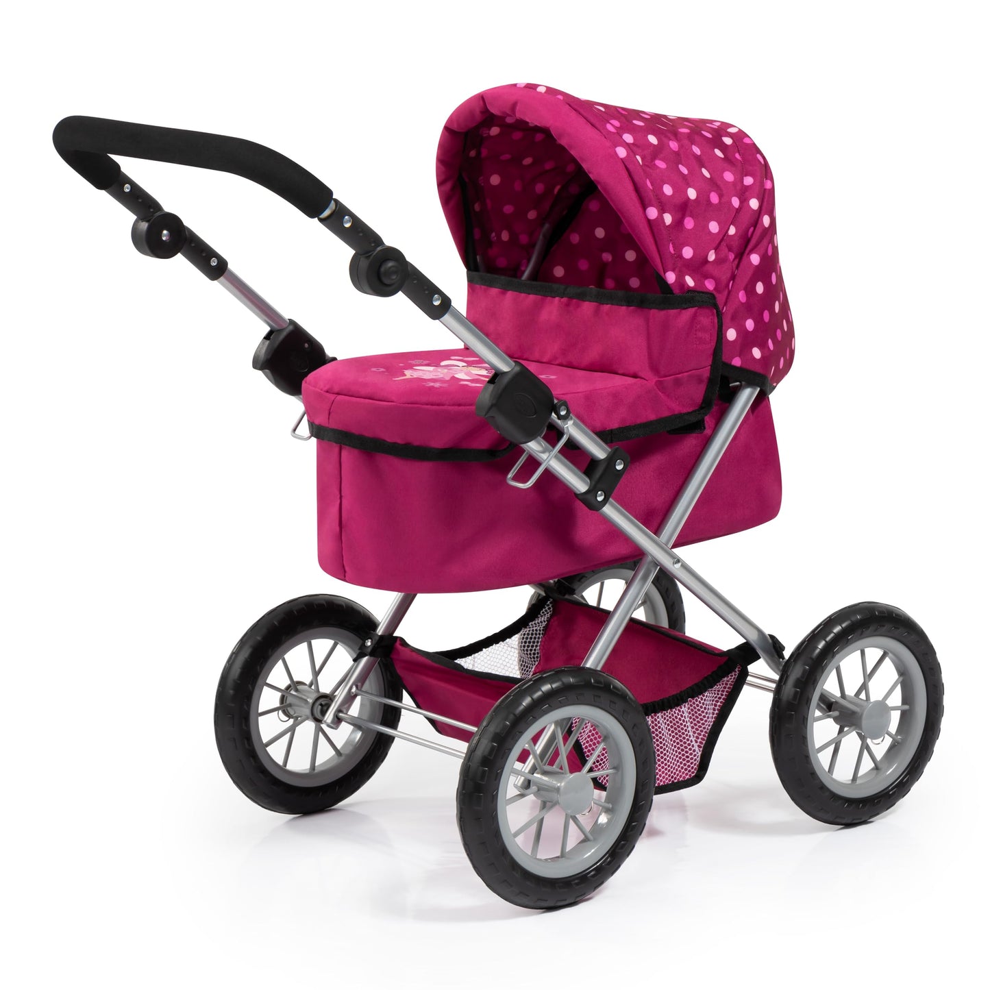 Bayer: Dolls Pram Trendy With Shoulder Bag And Underneath Shopping Basket, Bordeaux, Red With Pattern