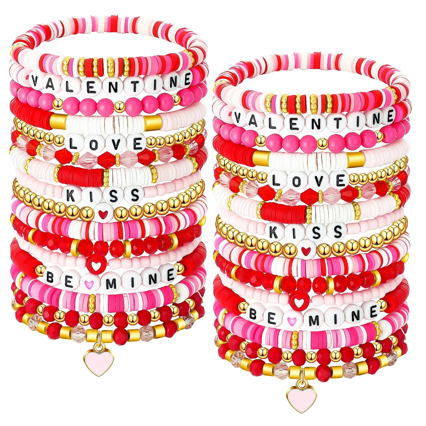 Sasylvia 32 Pcs Valentine's Day Bracelets Pink Heishi Polymer Clay Beaded Bracelets Preppy Beach Stretch Bracelet Elastic String