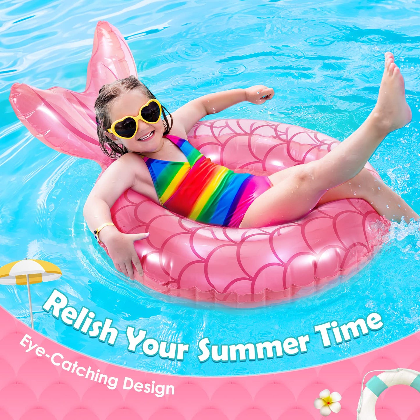 Heysplash Mermaid Pool Float, Mermaid Tail Shaped Pool Swimming Float Tube Ring Floatie, Water Fun Beach Party Swimming Pool Toys For Kids Adults Water Activities, 70Cm Diameter, Rose Gold + Blue