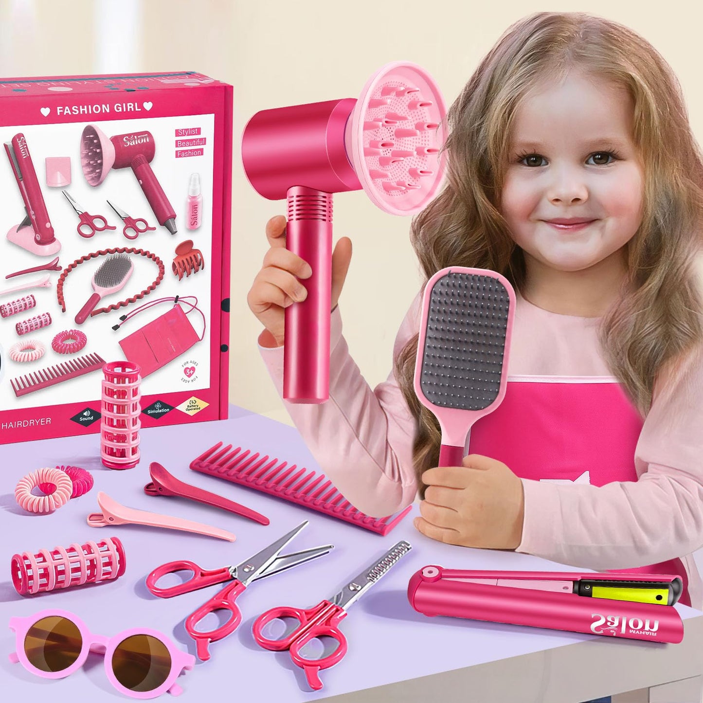 G.C Girls Hair Salon Toys Kids Pretend Play Hair Styling Kit With Realistic Blow Dryer Straightener Stylist Apron Scissors Acces