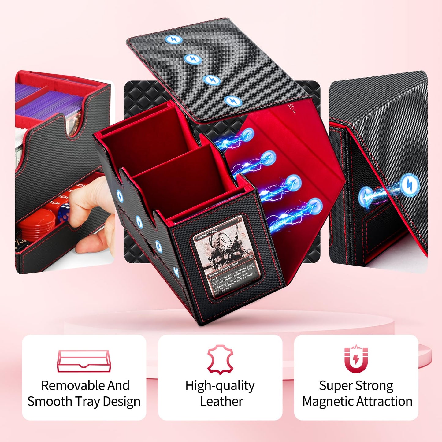 UAONO Card Deck Box for MTG - Double Storage for 200+ Cards, Faux Leather, Black & Red, with 2 Commander Displays & Dice Tray