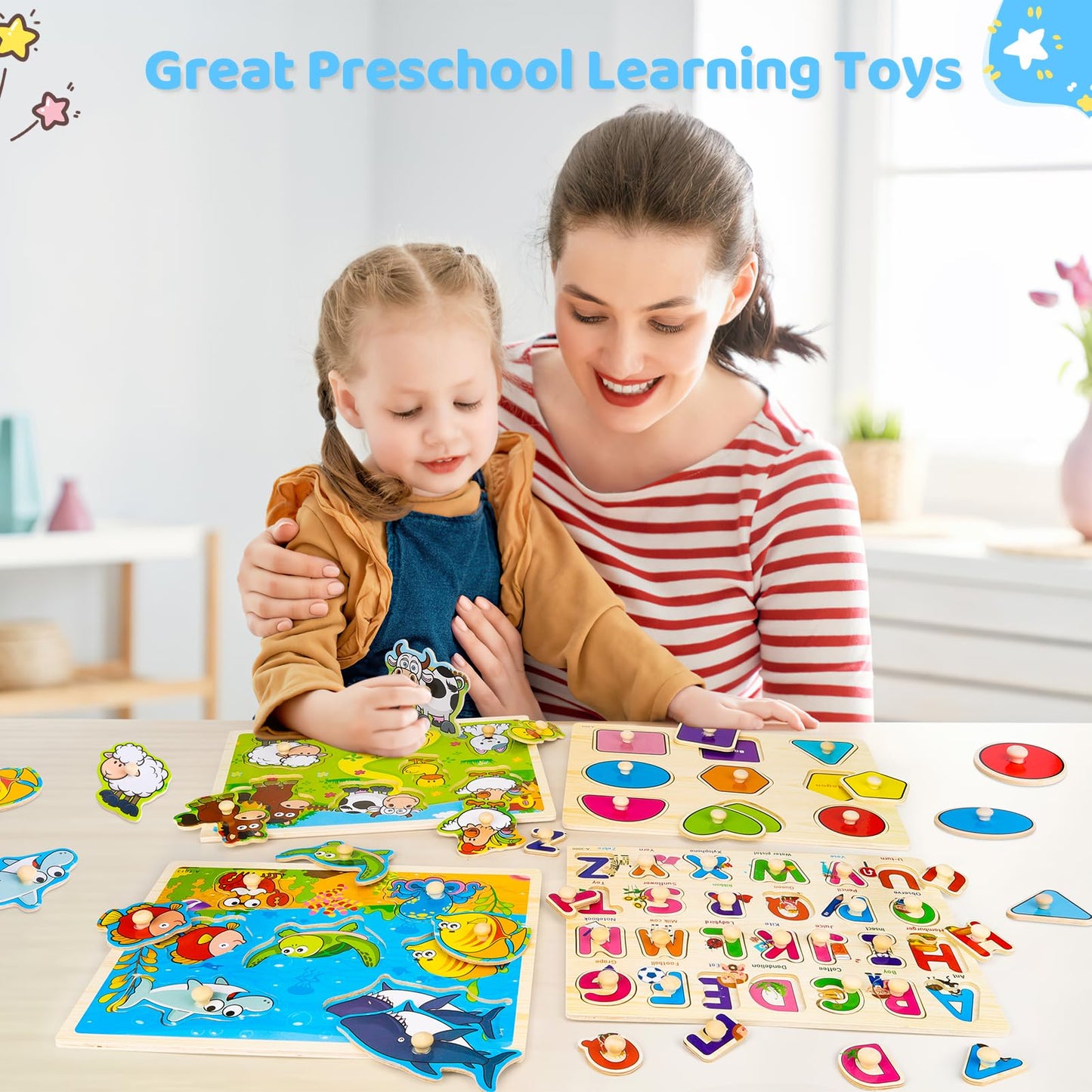 Wooden Peg Puzzles For Toddlers 2 3 4 Year Old, 4 Pack Montessori Toys Preschool Learning Puzzles For Toddlers 1-3 With Animals,