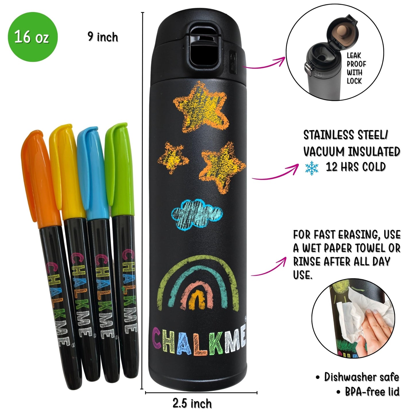 Chalkme Kids Craft Water Bottle - 16Oz Stainless Steel, Decorate Your Own Water Bottle, Diy Toy Gifts, Art & Craft Kit For Girls