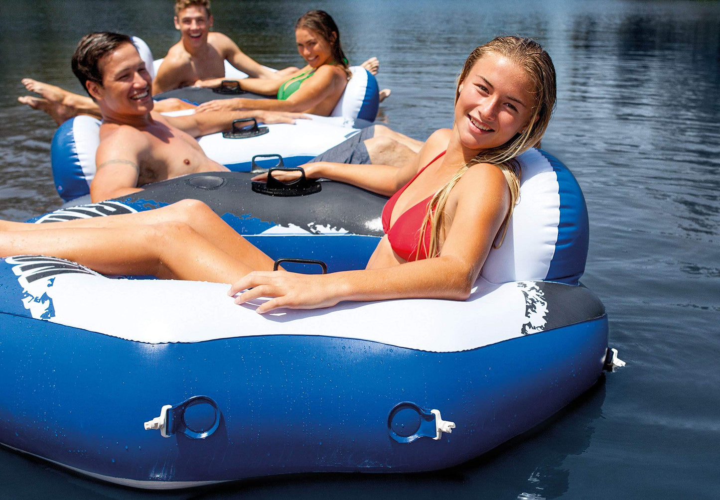 Intex 58854Ep River Run Connect Inflatable Floating Lounge: Comfortable Backrest – Cup Holder – Grab Handles – Easy-To-Use Connectors – 220 Pound Weight Capacity, 3 Pack