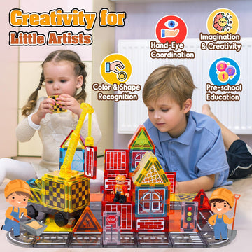 Magnetic Tiles Kids Construction Toys - Road Set With Magnet Crane For Boys Age 3-5 4-8 8-10, Magnet Building Blocks Expansion P