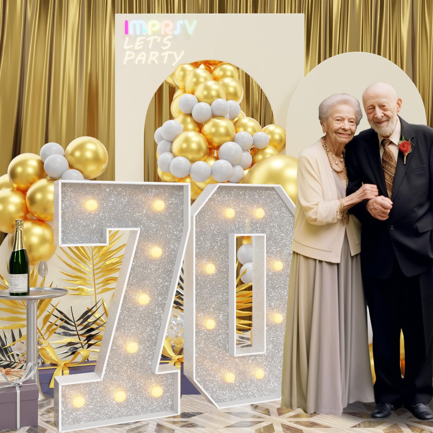 Imprsv 3Ft Silver 70Th-Birthday Decorations Numbers: 70Th Birthday Party Anniversary Decorations Large Light Up Numbers 70 For M