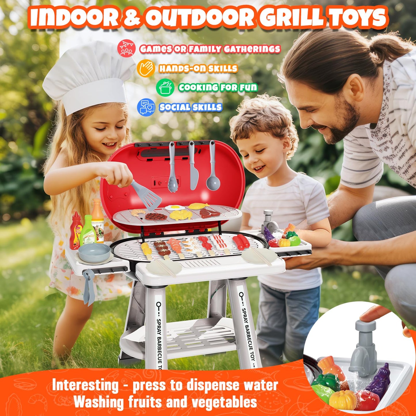68 Pcs Toy Bbq Grill Set For Kids, With Light, Sound & Play Food, Kids Grill Playset Kitchen Toys Set, Birthday Gifts For 2-6 Ye