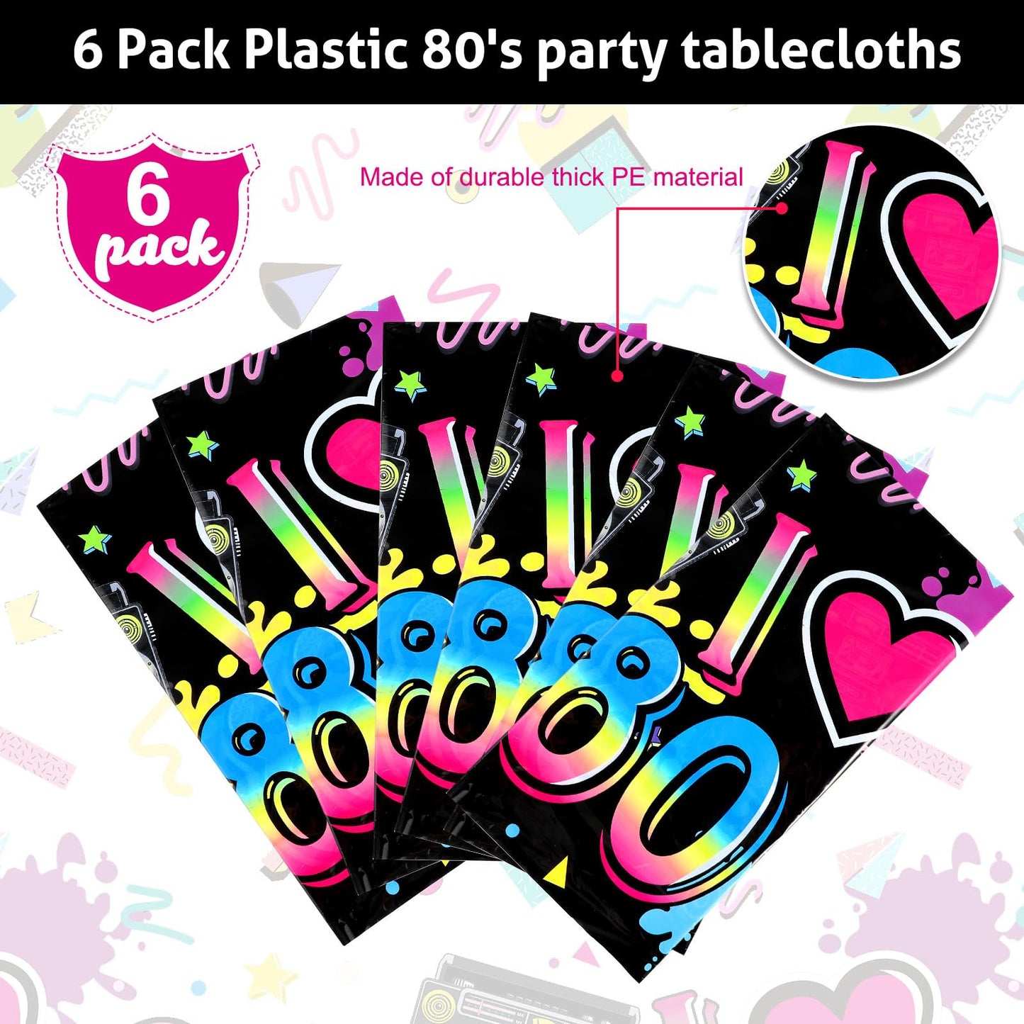 Tegeme 6 Pack 80S Plastic Party Tablecloth 80'S Party Table Cover 80S Birthday Party Supplies The 80'S Hip Hop Party Decoration