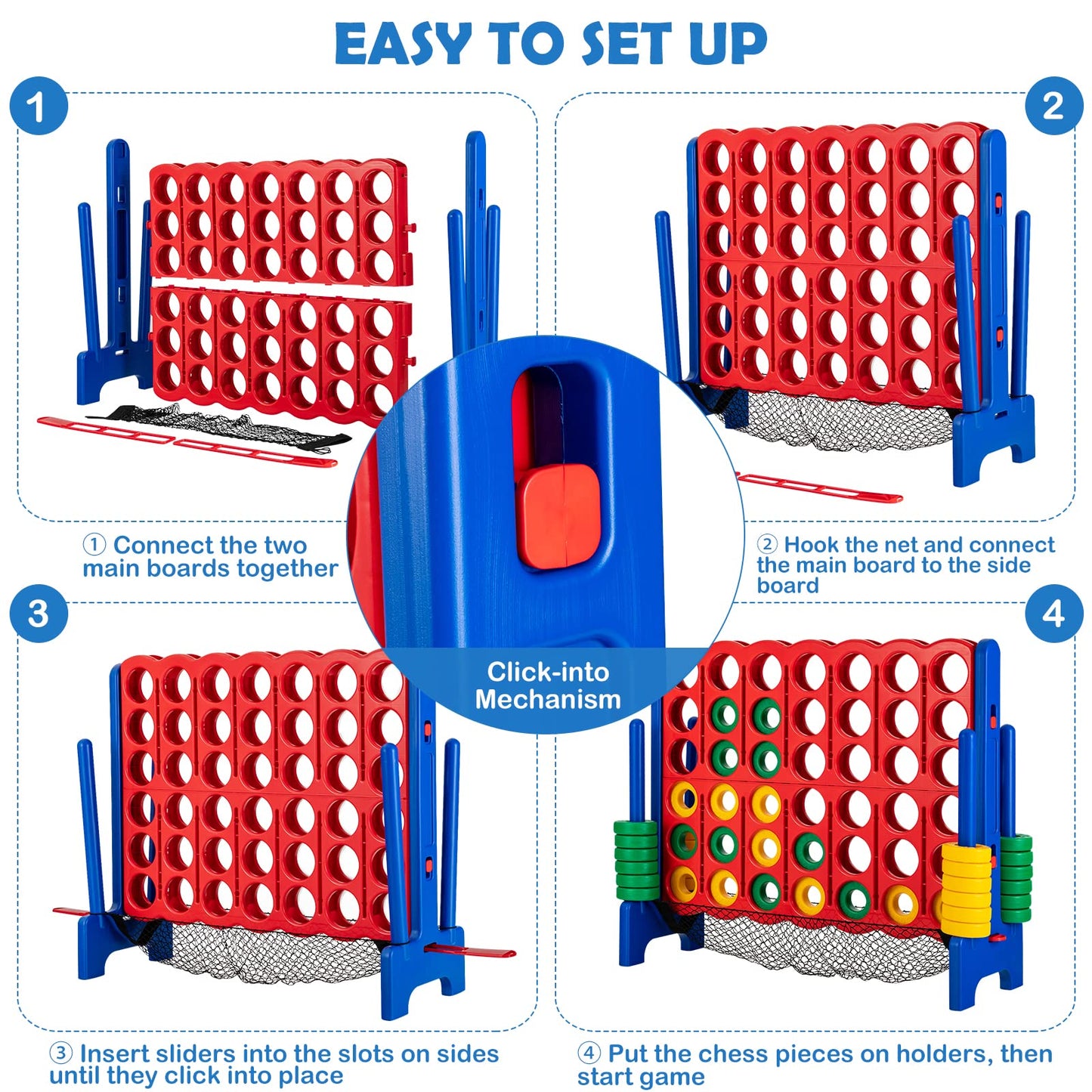 Costzon Jumbo 4-To-Score Giant Game Set, 3.5Ft Tall 4 In A Row W/ 42 Jumbo Rings, Quick-Release Slider & Mesh Net, Indoor Outdoo