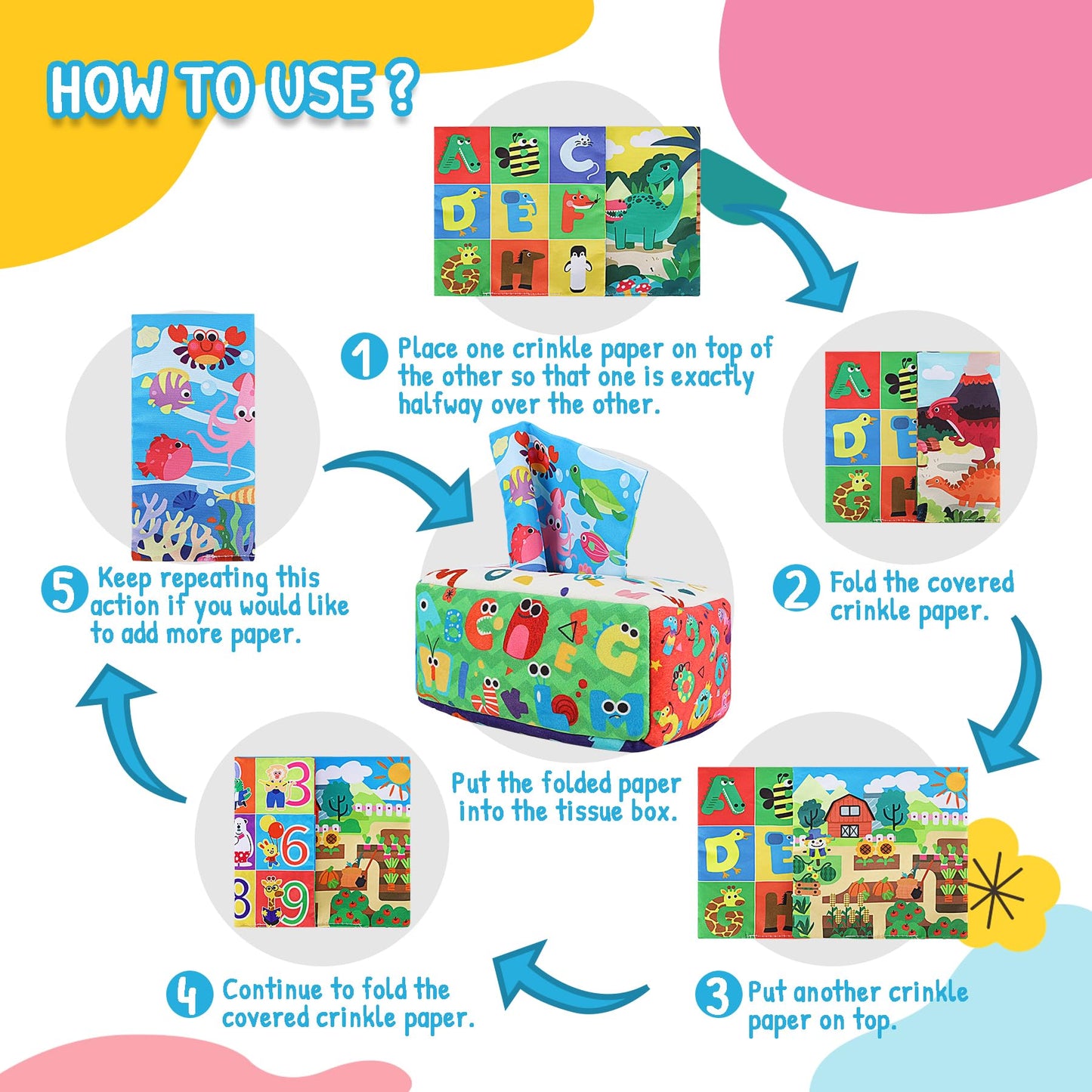 Urmywo Baby Tissue Box Toy - Montessori Baby Toys For 6-12 Months 1 Year Old Boy Girl - Soft Crinkle Sensory Toys For Infant Toddlers - Easter Basket Essentials Stuffers - Baby Boy Girl Gifts