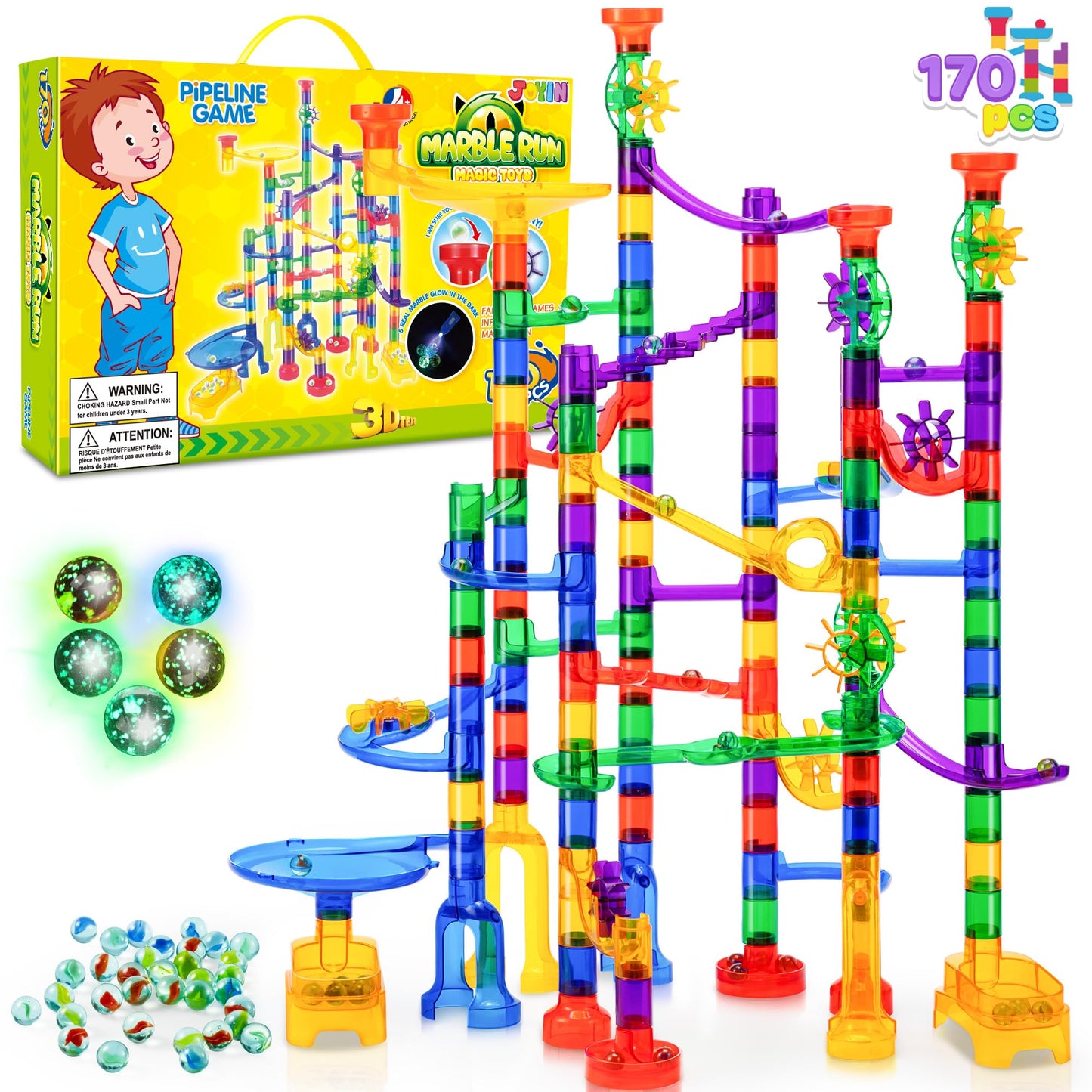 Joyin 170Pcs Glowing Marble Run, Construction Building Blocks Toys With 5 Glow In The Dark Glass Marbles, Stem Educational Building Block Toy(120 Plastic Pieces + 50 Glass Marbles)