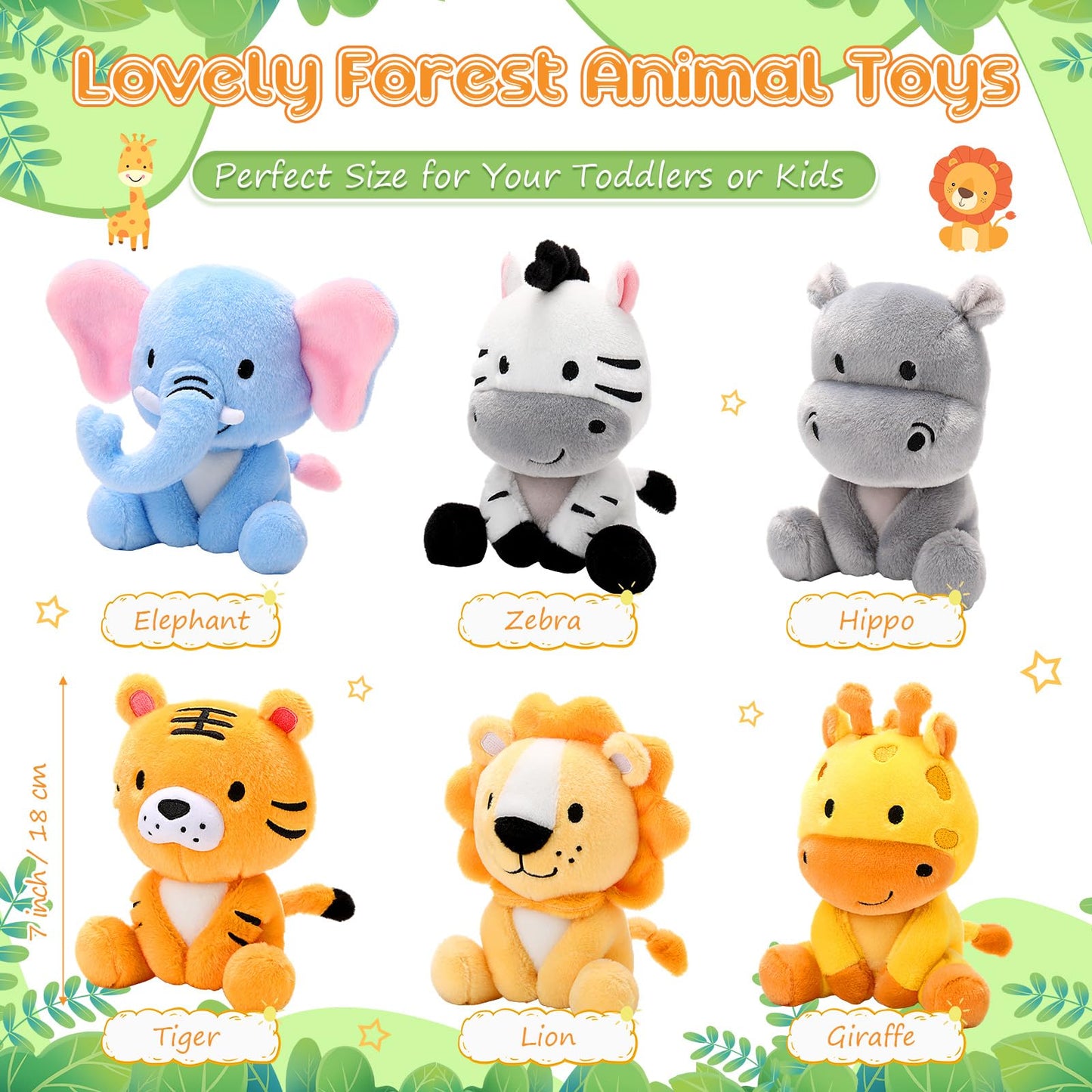 Roundfunny 6 Pcs Small Stuffed Safari Animals Bulk, 7 Inch Jungle Animals Stuffed Toys, Adorable Plush Lion Zebra Giraffe Tiger