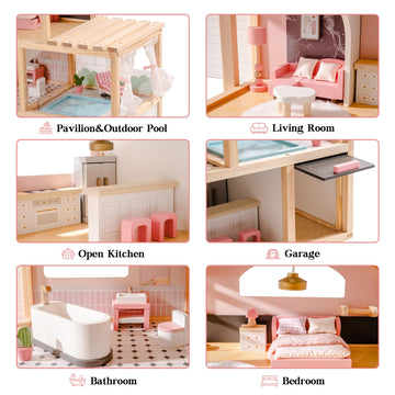 Robotime Wooden Dollhouse, Doll House With 29 Pieces Furniture Set - Pool And Elevator, Wooden Doll House For 4, 5, 6-Inch Dolls