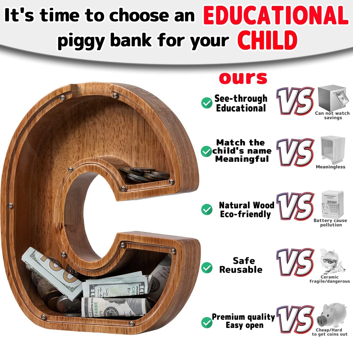 Piggy Bank For Kids Boys Girls, Wooden Large Letter Piggy Bank Alphabet Money Bank With Initial C, Coin Bank Fun Gifts For Birth