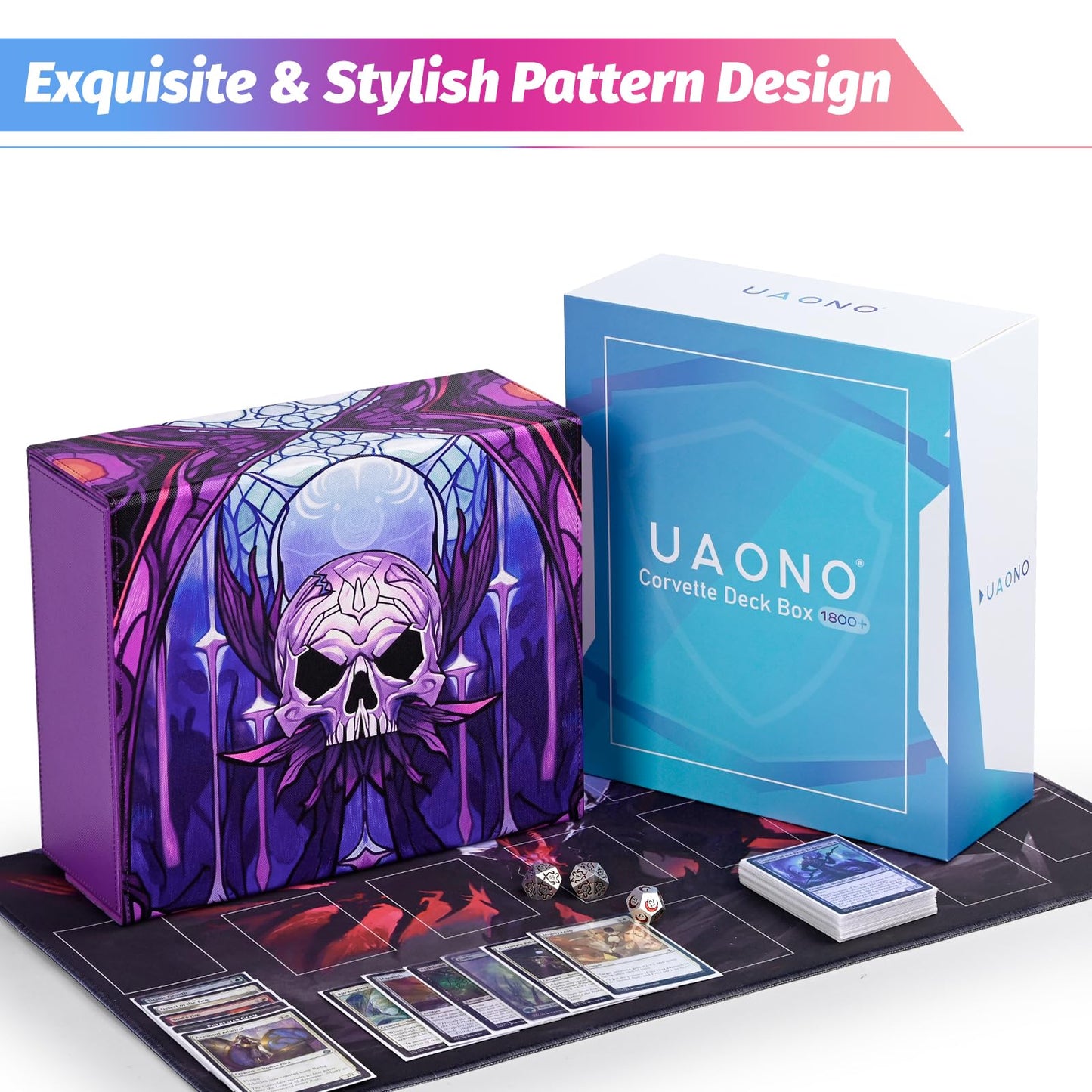 Uaono Card Storage Box For Mtg, Trading Card Deck Box Holds 1800+ With 6 Dividers, Leather Printing Magnetic Closure Card Storage Case Fits Tcg Ccg Sports Cards (Purple,Skull)
