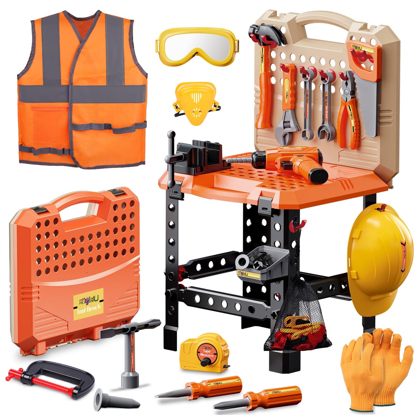 Kids Tool Bench Set,MAGIC4U 95PCS Toddler Tool Workbench with Electronic Drill 13 Tool Equipements,Safety Vest & Hat,Pretend Pla