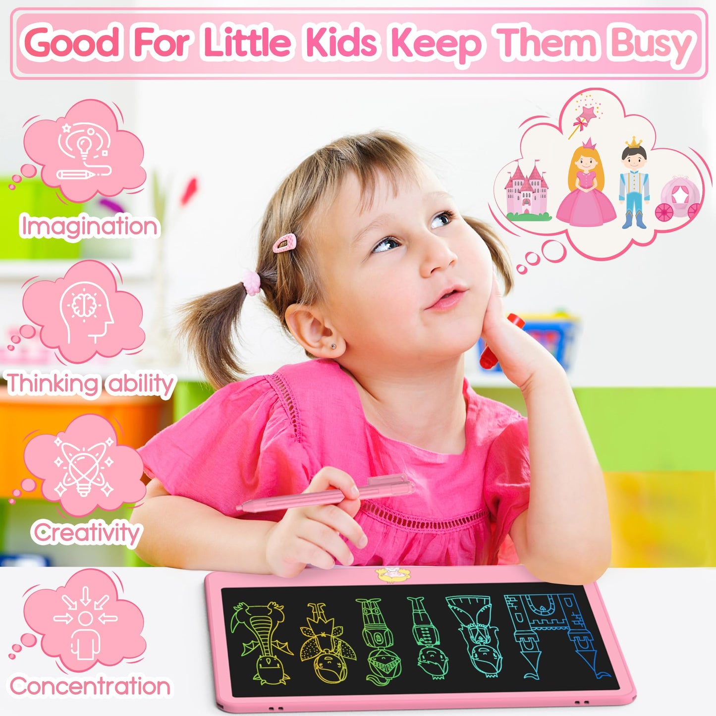 Hockvill Lcd Writing Tablet For Kids 12 Inch, Toys For Boys Girls Drawing Pad For 3 4 5 6 7 Year Old Kids Toys, Easter Basket Stuffer For Kids, Toddler Erasable Doodle Board Travel Essentials - Pink