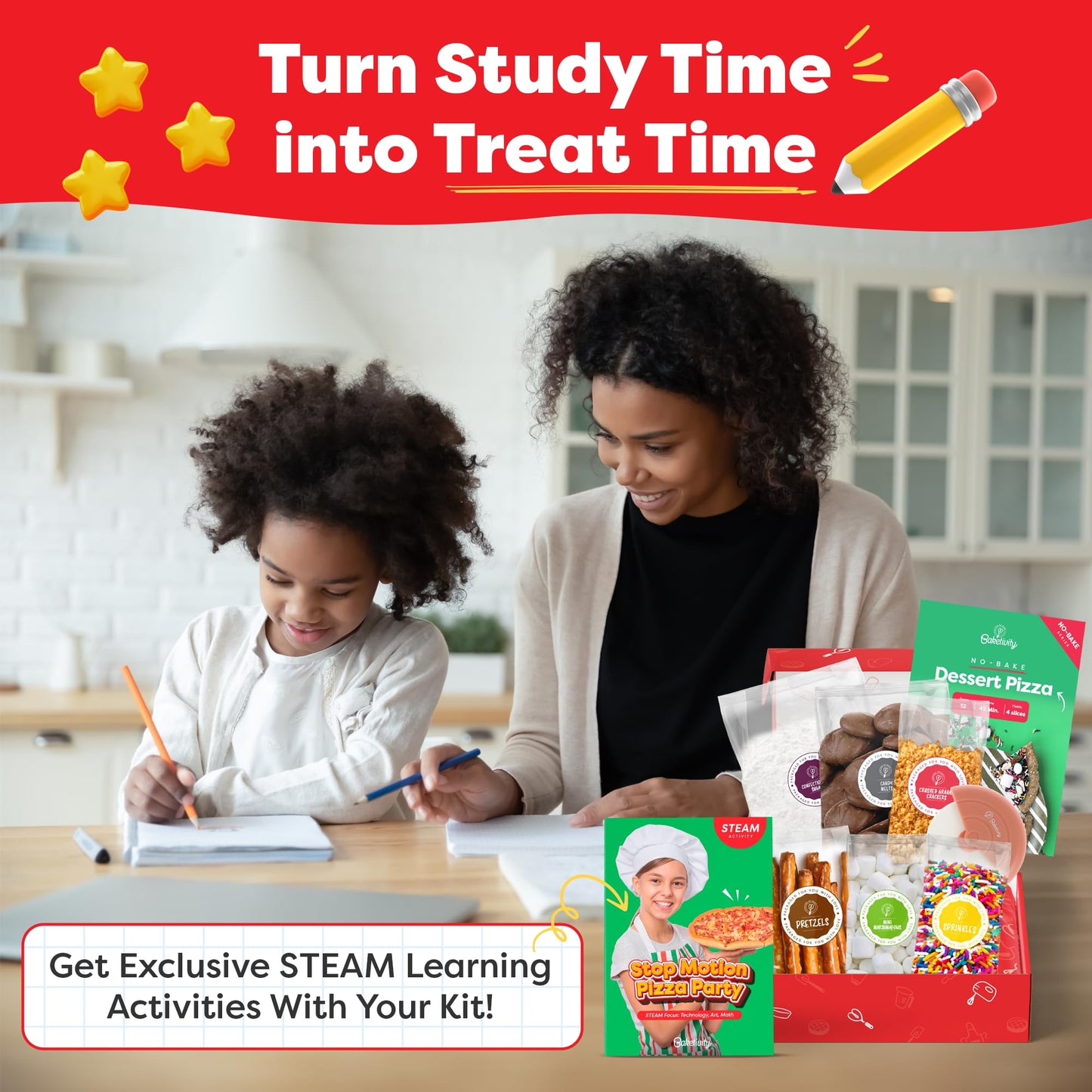 BAKETIVITY No-Bake Dessert Pizza Kids Baking Kit & STEAM Lesson | STEAM Focused Kids Pizza Party Baking Set | No-Bake Recipe wit