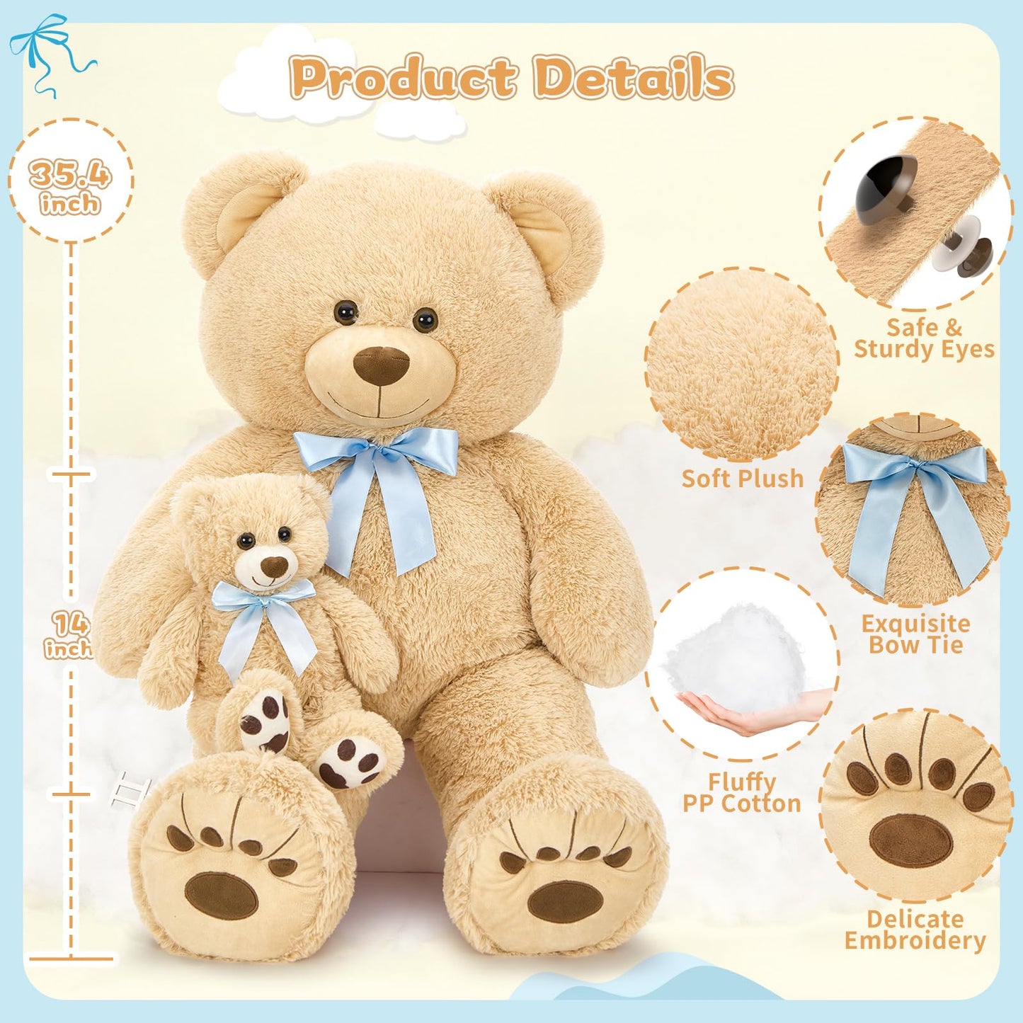Morismos Giant Teddy Bear Stuffed Animal With Baby Bears,35.4'' Big Mommy Stuffed Bear,3 Small Bulk Teddy Bear Stuffed Animals F