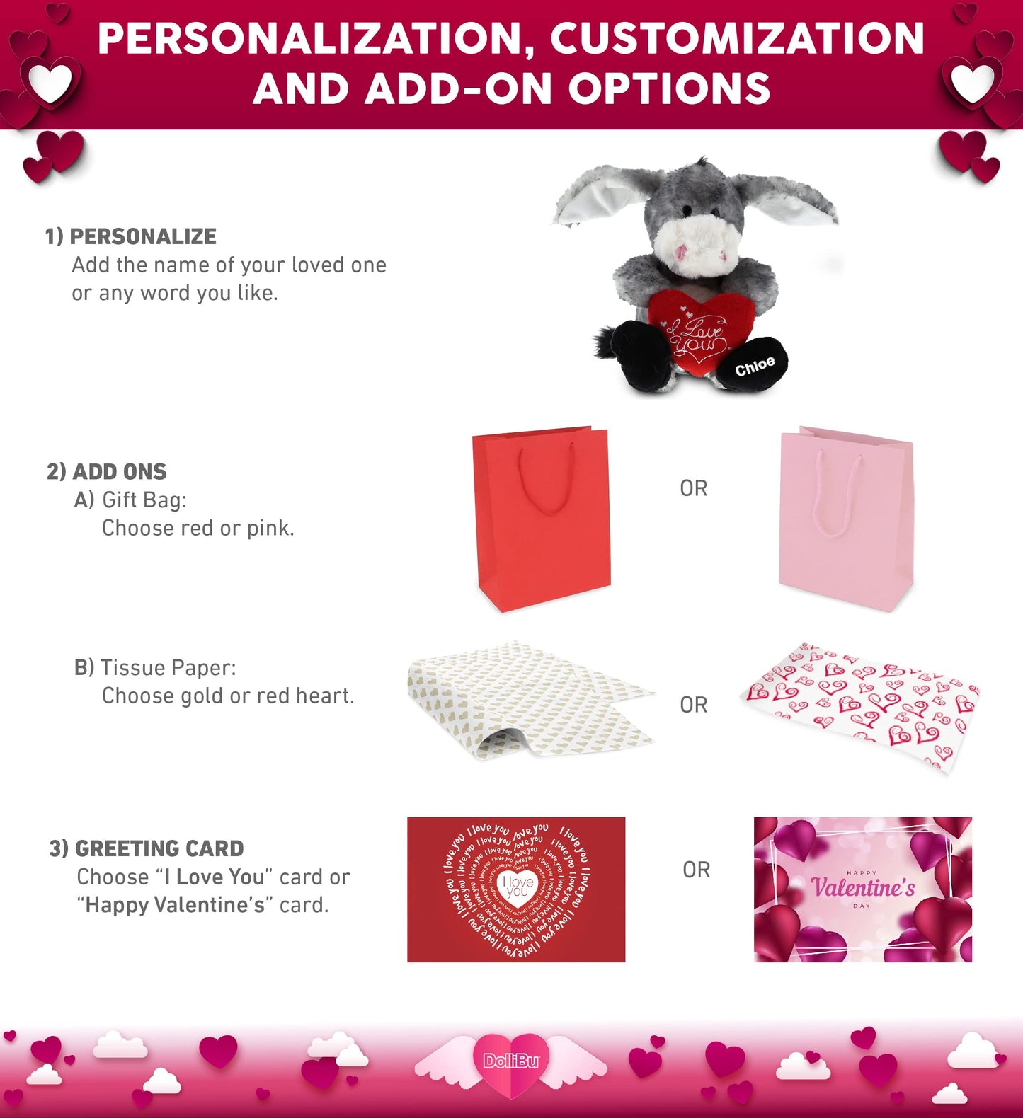 Dollibu I Love You Valentine Plush Itting Grey Donkey - Cute Stuffed Animal With Red Heart And Name Personalization Gift For Valentines Day, Birthday, Anniversary, Romantic Date - 9 Inches