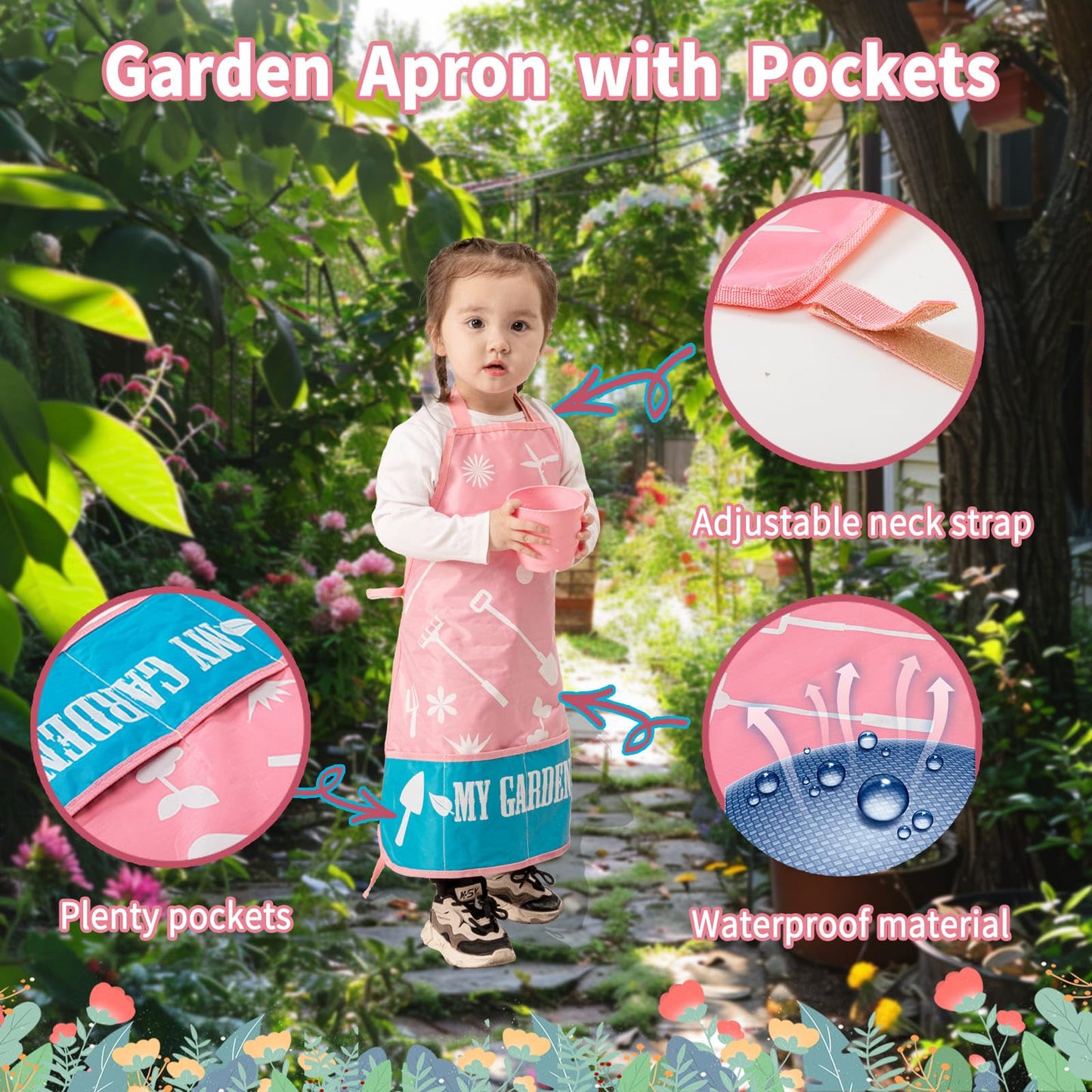 Joi Mew Kids Pink Gardening Tools Set, Garden Toys W/Metal Rake, Shovel, Trowel, Watering Can, Gloves, Tote Bag, Plant Pots, Diy
