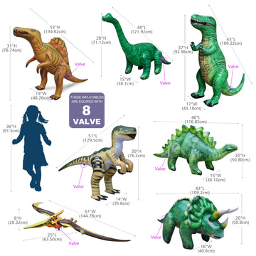 Jet Creations 7-PK Inflatable Dinosaurs, T-Rex(37), Brachiosaurus(28), Triceratops(20), Stegosaurus(20), Raptor(30), Pteranodon(