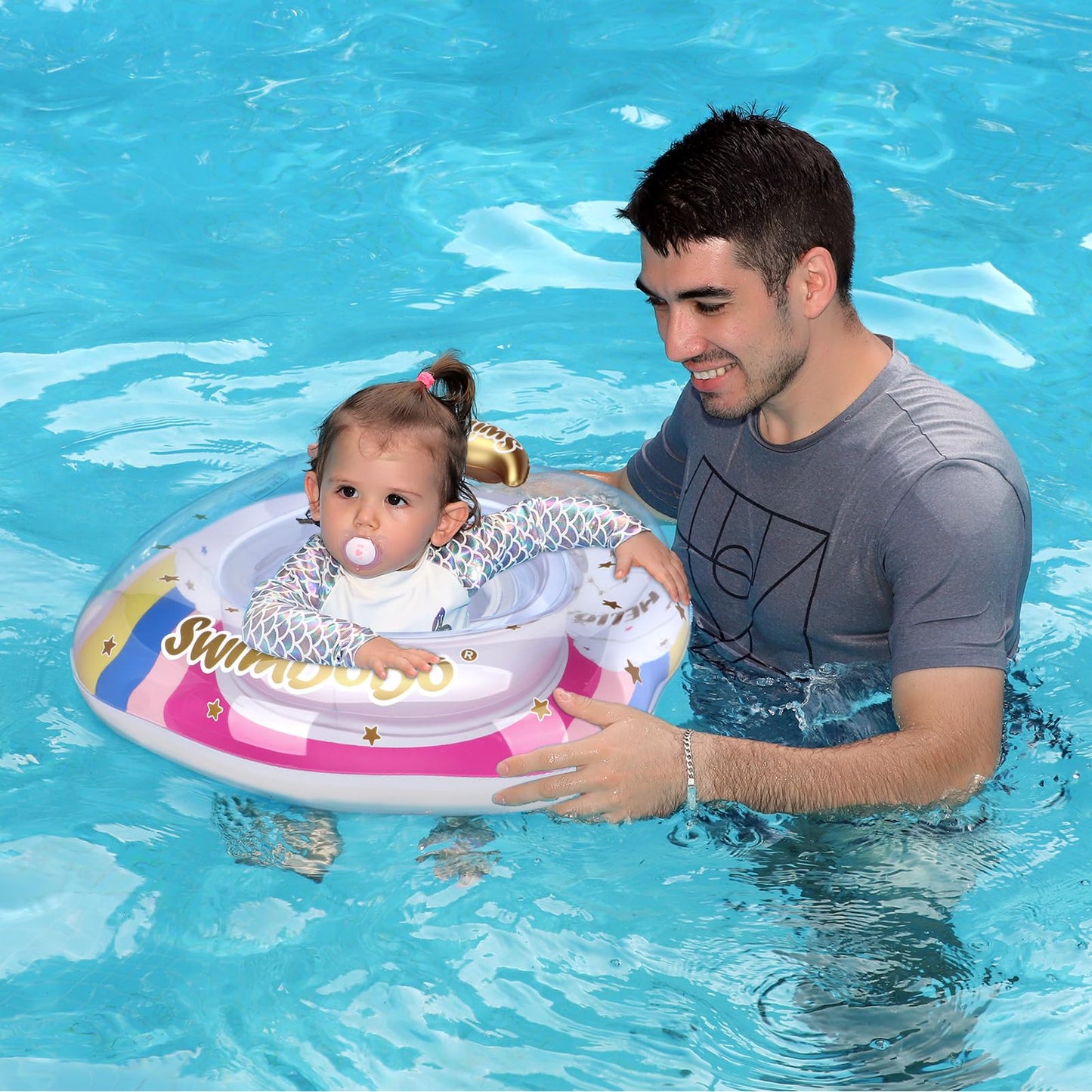 Swimbobo Inflatable Baby Swimming Float with Safe Seat for Age 6-36 Months Toddler (Rainbow)