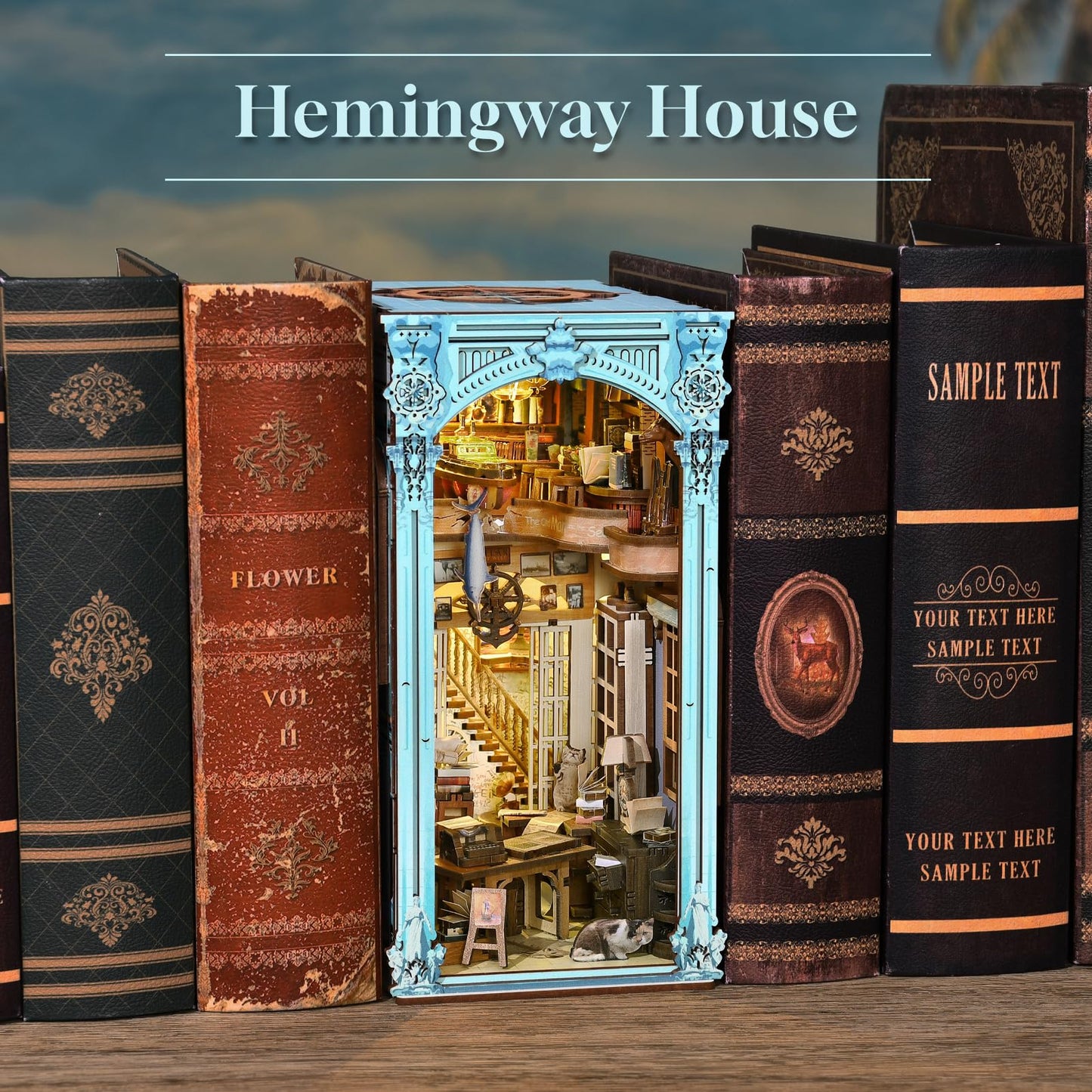 Minicity Diy Book Nook Kit For Adults, 3D Wooden Puzzle Bookend Bookshelf Insert Decor With Led Light And Dust Cover (Hemingway