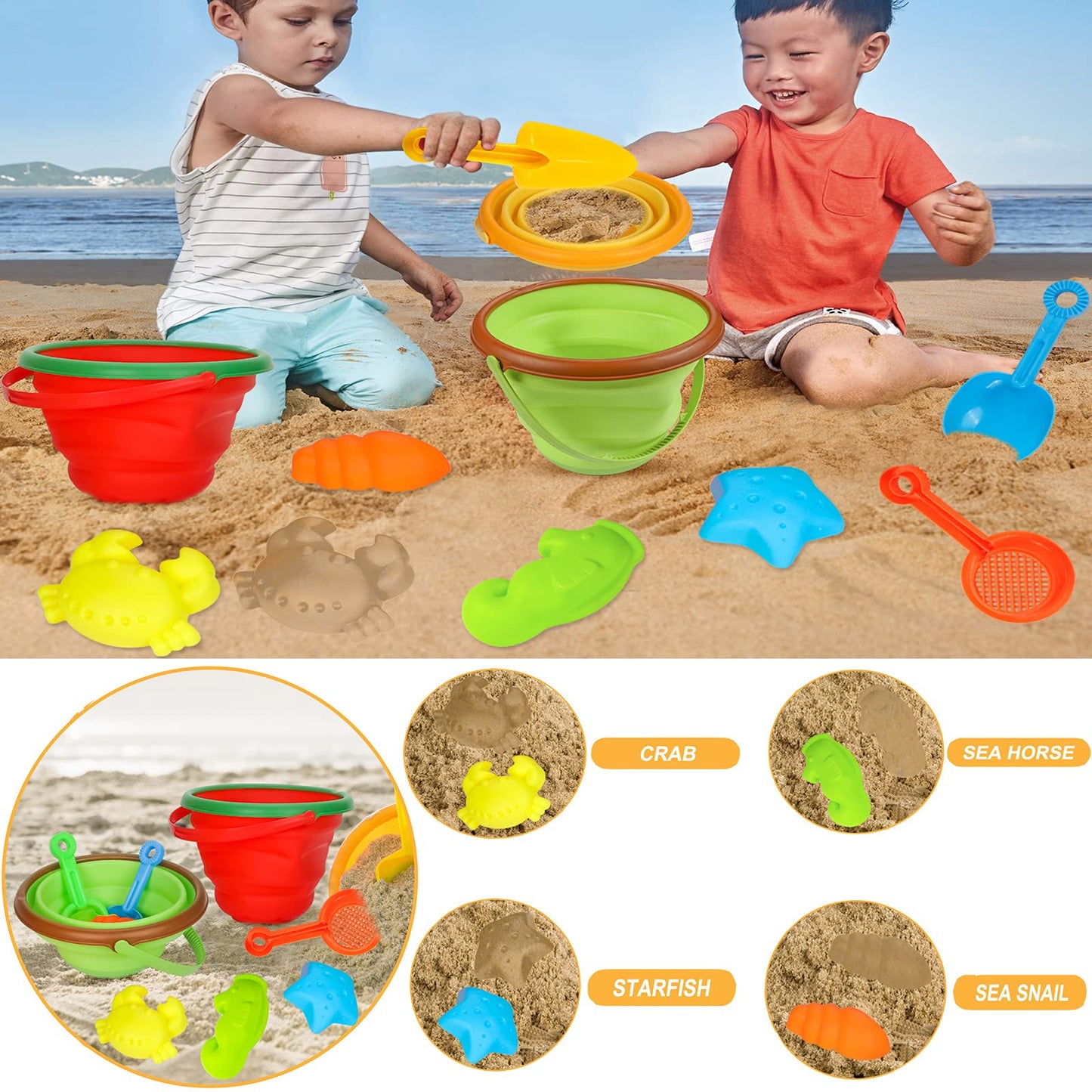 Beach Sand Toys Set for Kids, Silicone Collapsible Foldable Beach Bucket Travel Beach Toys for Summer Outdoor Camping and Fishin